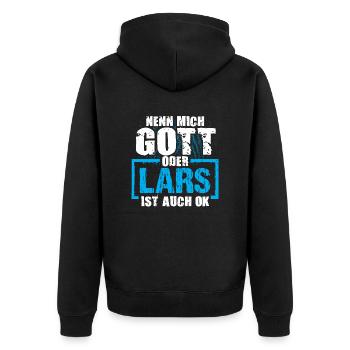 LARS - ok - Unisex Premium Bio Zip Hoodie - Schwarz - Hinten - Nico (187cm)