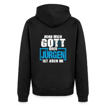 JÜRGEN - ok - Unisex Premium Bio Zip Hoodie - Schwarz - Hinten - Nico (187cm)