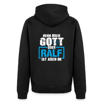RALF - ok - Unisex Premium Bio Zip Hoodie - Schwarz - Hinten - Nico (187cm)
