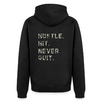 Huste. Hit. Never Quit. - Unisex Premium Bio Zip Hoodie - Schwarz - Hinten - Nico (187cm)