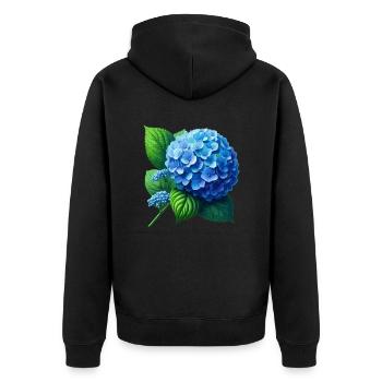 Hortensienblau - Unisex Premium Bio Zip Hoodie - Schwarz - Hinten - Nico (187cm)