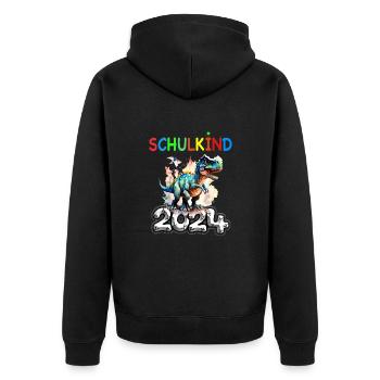 Schulkino t Rex Dino 2024 Einschulung Jungen - Unisex Premium Bio Zip Hoodie - Schwarz - Hinten - Nico (187cm)