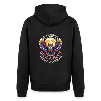 MAJESTÄTISCHE EULE: DAS TAGESLICHT IST MIR SCHEIẞEGAL - Unisex Premium Bio Zip Hoodie - Schwarz - Hinten - Nico (187cm)