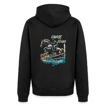 JAGEN SIE DIE STERNE ÜBER HINDERNISSE WIR SCHWEBEN, REITER - Unisex Premium Bio Zip Hoodie - Schwarz - Hinten - Nico (187cm)