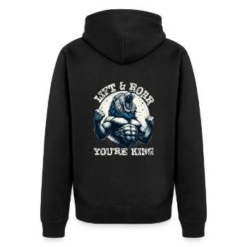 LIFT & ROAR: DU BIST KÖNIG, EIN BODYBUILDER-LÖWE - Unisex Premium Bio Zip Hoodie - Schwarz - Hinten - Nico (187cm)