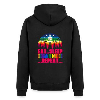 Eat Sleep Gayme Repeat: Retro-Gaming-Pride-Design - Unisex Premium Bio Zip Hoodie - Schwarz - Hinten - Nico (187cm)