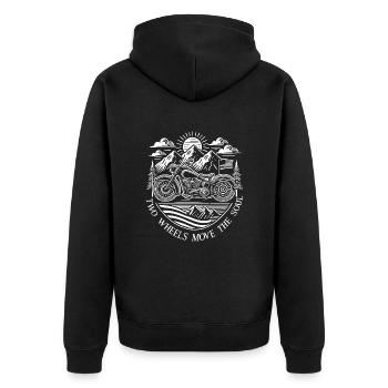 Vintage Motorrad Shirt – Two Wheels Move the Soul - Unisex Premium Bio Zip Hoodie - Schwarz - Hinten - Nico (187cm)