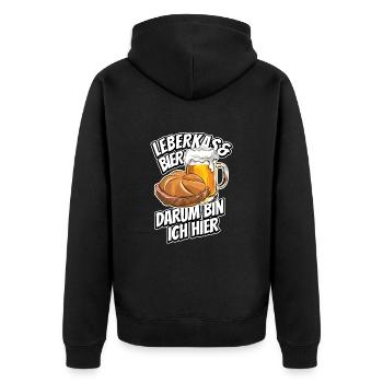 Leberkas & Bier darum bin ich hier - Spruch - Unisex Premium Bio Zip Hoodie - Schwarz - Hinten - Nico (187cm)
