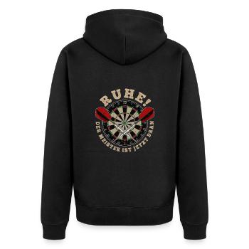 Dart Meister - Silhouette - Dartfan Dartspieler - Unisex Premium Bio Zip Hoodie - Schwarz - Hinten - Nico (187cm)