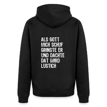 Als Gott mich schuf - Optimismus Rheinland Spruch - Unisex Premium Bio Zip Hoodie - Schwarz - Hinten - Nico (187cm)