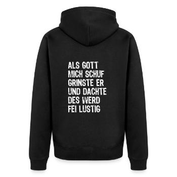 Als Gott mich schuf - Optimismus bayrisch - Spruch - Unisex Premium Bio Zip Hoodie - Schwarz - Hinten - Nico (187cm)