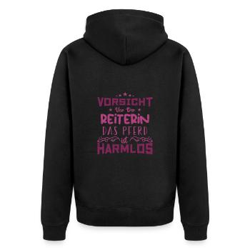VORSICHT VOR DER REITERIN DAS PFERD IST HARMLOS ! - Unisex Premium Bio Zip Hoodie - Schwarz - Hinten - Nico (187cm)