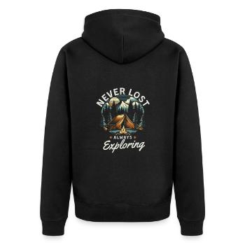 Nie verloren Immer auf Entdeckungsreise Fun Camping Geschenk - Unisex Premium Bio Zip Hoodie - Schwarz - Hinten - Nico (187cm)