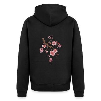 Japanischer Rückendruck mit ästhetischer Kirschblüte - Unisex Premium Bio Zip Hoodie - Schwarz - Hinten - Nico (187cm)