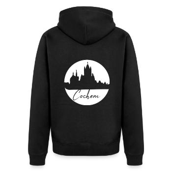 cochem,skyline,kreis,weisser kreis - Unisex Premium Bio Zip Hoodie - Schwarz - Hinten - Nico (187cm)