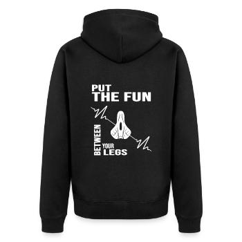 Fahrrad Fahrradkette "bikefun" Fahrradsattel - Unisex Premium Bio Zip Hoodie - Schwarz - Hinten - Nico (187cm)