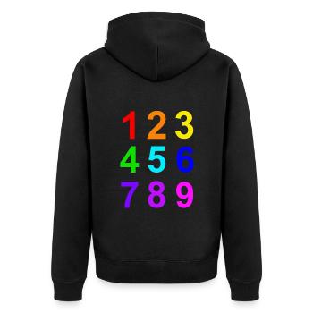 Zahlen 1 bis 9 Farben lernen - Unisex Premium Bio Zip Hoodie - Schwarz - Hinten - Nico (187cm)