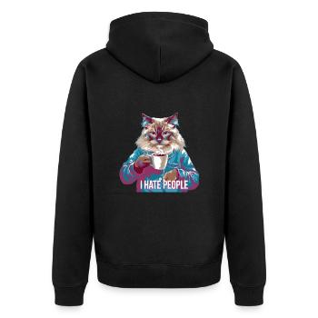 Ich hasse Menschen Katze im Pyjama mit Kaffee - Unisex Premium Bio Zip Hoodie - Schwarz - Hinten - Nico (187cm)
