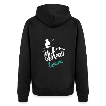 Skifahren Samnaun - Unisex Premium Bio Zip Hoodie - Schwarz - Hinten - Nico (187cm)