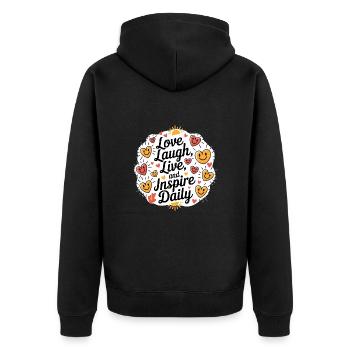 Love, Laugh, Live, and Inspire Daily - Unisex Premium Bio Zip Hoodie - Schwarz - Hinten - Nico (187cm)