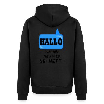 Hallo ICH BIN NEU HIER - Unisex Premium Bio Zip Hoodie - Schwarz - Hinten - Nico (187cm)
