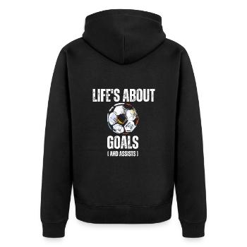 Life's About Goals And Assists Funny Soccer - Unisex Premium Bio Zip Hoodie - Schwarz - Hinten - Nico (187cm)