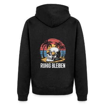 Skull mit Basecap Sonnenbrille am Strand - Unisex Premium Bio Zip Hoodie - Schwarz - Hinten - Nico (187cm)