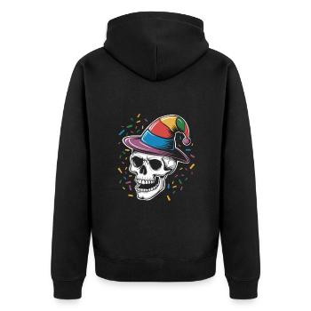 Lustiger Skull mit Narrenkappe und Konfetti - Unisex Premium Bio Zip Hoodie - Schwarz - Hinten - Nico (187cm)