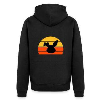 Hasenkopf mit abgeknicktem Ohr vor einer Halbsonne - Unisex Premium Bio Zip Hoodie - Schwarz - Hinten - Nico (187cm)