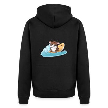 surfende Kuh, Sportliches Tierdesign - Unisex Premium Bio Zip Hoodie - Schwarz - Hinten - Nico (187cm)