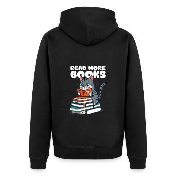 Kleine Katze liebt Bücher und liest ein Buch - Unisex Premium Bio Zip Hoodie - Schwarz - Hinten - Nico (187cm)