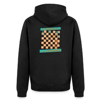 Die ORANGE Bewegung ... und CHECKMATE - Schultergurte - Unisex Premium Bio Zip Hoodie - Schwarz - Hinten - Nico (187cm)