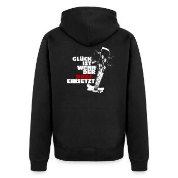 Glück ist wenn der Bass einsetzt (weiß) - Unisex Premium Bio Zip Hoodie - Schwarz - Hinten - Nico (187cm)