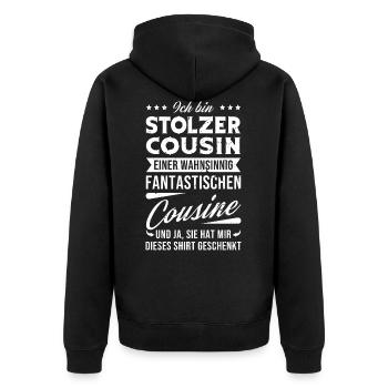 Stolzer Cousin einer fantastischen Cousine - Unisex Premium Bio Zip Hoodie - Schwarz - Hinten - Nico (187cm)