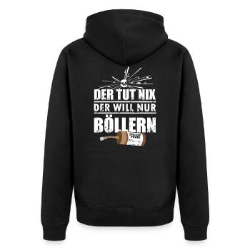 Silvester Pyro will Böllern - Unisex Premium Bio Zip Hoodie - Schwarz - Hinten - Nico (187cm)