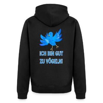 Ich bin gut zu Vögeln! - Unisex Premium Bio Zip Hoodie - Schwarz - Hinten - Nico (187cm)