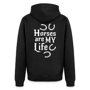 Pferd Pferde Pferdesprüche Hufeisen Reiter reiten - Unisex Premium Bio Zip Hoodie - Schwarz - Hinten - Nico (187cm)