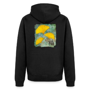 Ginkgo Feng Shui Design Glück - Unisex Premium Bio Zip Hoodie - Schwarz - Hinten - Nico (187cm)