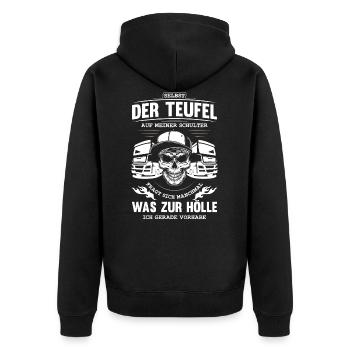 Lkw-Fahrer selbst der Teufel fragt sich was ich vo - Unisex Premium Bio Zip Hoodie - Schwarz - Hinten - Nico (187cm)