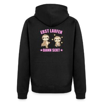 Lustiges Faultier das joggt und sekt - Unisex Premium Bio Zip Hoodie - Schwarz - Hinten - Nico (187cm)
