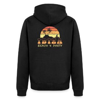 Ibiza. STRAND UND PARTY - Unisex Premium Bio Zip Hoodie - Schwarz - Hinten - Nico (187cm)
