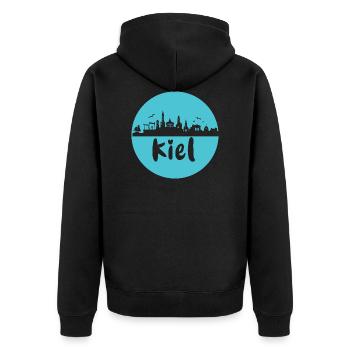 kiel, skyline, kreis, scherenschnitt,blau - Unisex Premium Bio Zip Hoodie - Schwarz - Hinten - Nico (187cm)