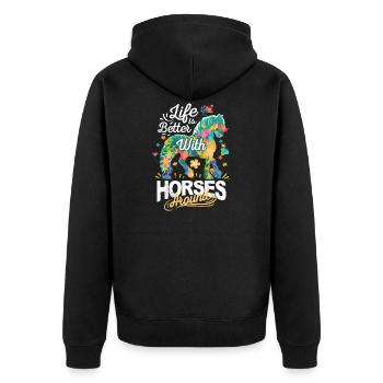 Pferde Blumen Das Leben ist mit Pferden besser - Unisex Premium Bio Zip Hoodie - Schwarz - Hinten - Nico (187cm)