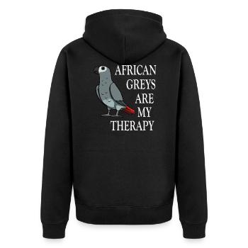 Lustiges Zitat Graupapagei als Therapie - Unisex Premium Bio Zip Hoodie - Schwarz - Hinten - Nico (187cm)