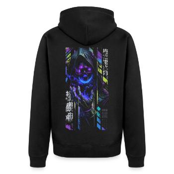 Reaper Neon-Holografieschädel – Halloween - Unisex Premium Bio Zip Hoodie - Schwarz - Hinten - Nico (187cm)