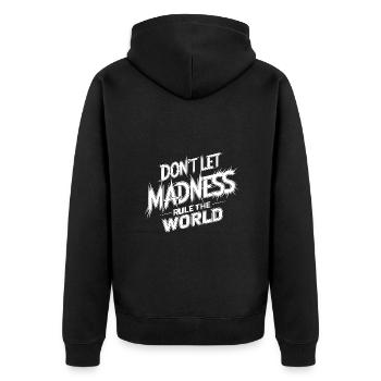 Stoppt den Wahnsinn - Unisex Premium Bio Zip Hoodie - Schwarz - Hinten - Nico (187cm)