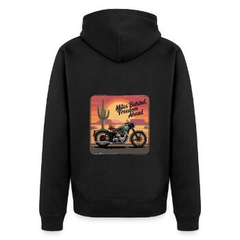 Miles Behind, Freedom Ahead – Biker Adventure - Unisex Premium Organic Zip Hoodie - black - Back - Nico (187cm)