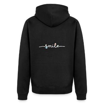 Smile Schrift weiß - Unisex Premium Bio Zip Hoodie - Schwarz - Hinten - Nico (187cm)