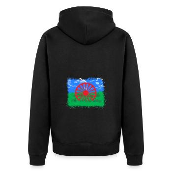Roma und Sinti Flagge Freiheit und Natur - Unisex Premium Bio Zip Hoodie - Schwarz - Hinten - Nico (187cm)