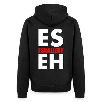 Es eskaliert eh - Unisex Premium Bio Zip Hoodie - Schwarz - Hinten - Nico (187cm)
